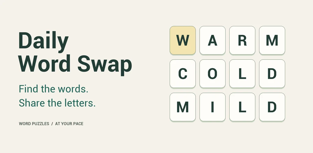 Daily Word Swap game art with WARM, COLD and MILD letter tiles.